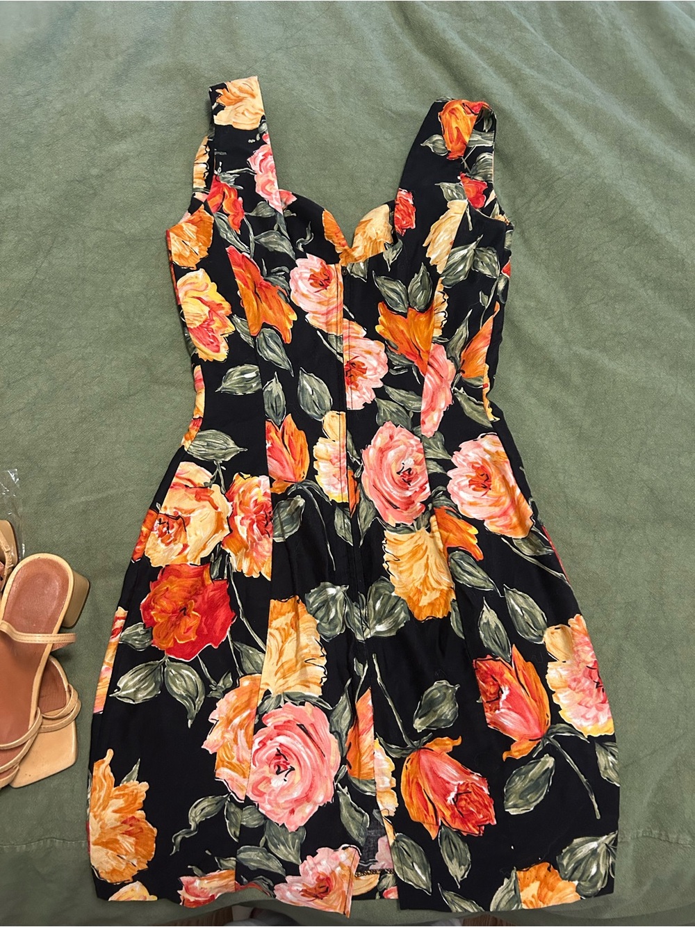 Anna Sui Floral Mini Dress - Black with Pink, Orange & Yellow flowers